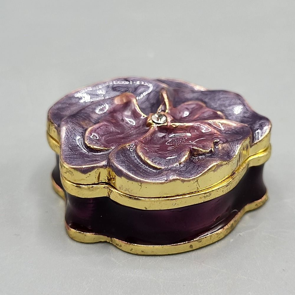 Work of Art Mini Trinket Box Enameled Pansy Flower Rhinestone Purple Shelf Decor